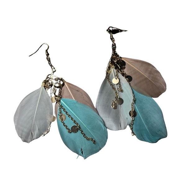 Boho Feather Dangle Earrings Multicolor Pastel with Gold Chains & Discs 5” Long - Picture 1 of 3